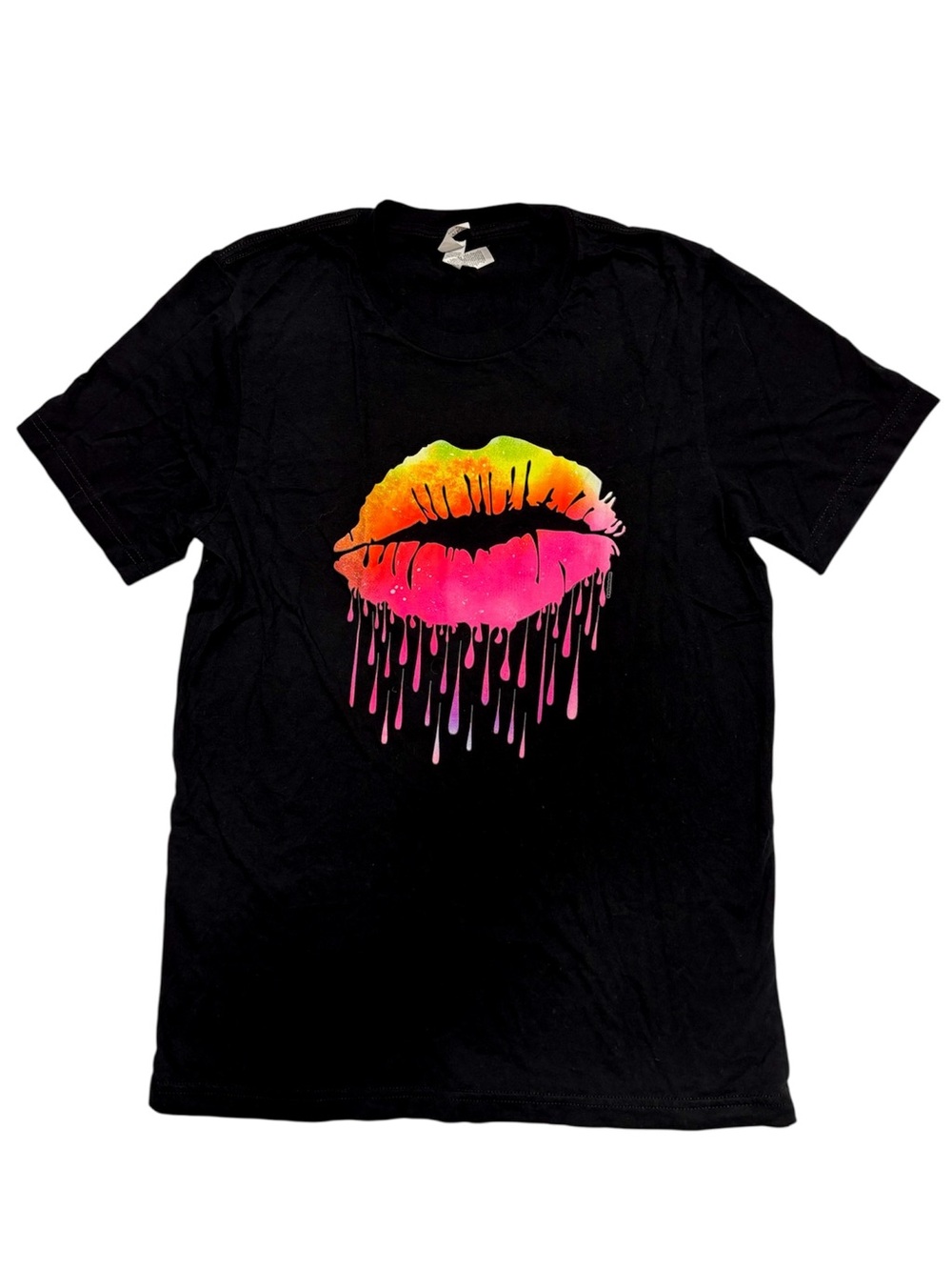 Womens Black graphic Tee with Neon Dripping Lips